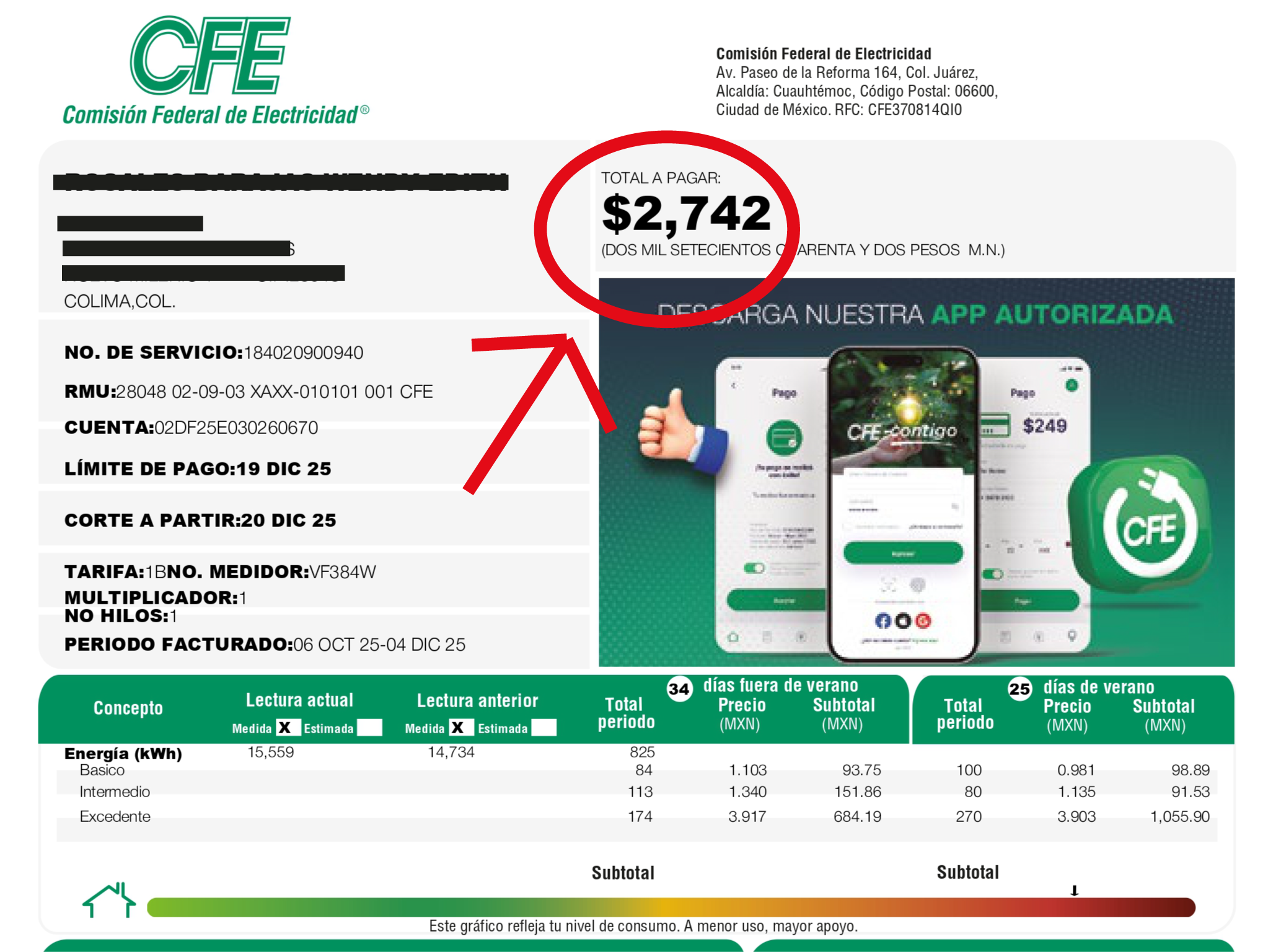 Ejemplo de recibo CFE por el frente
