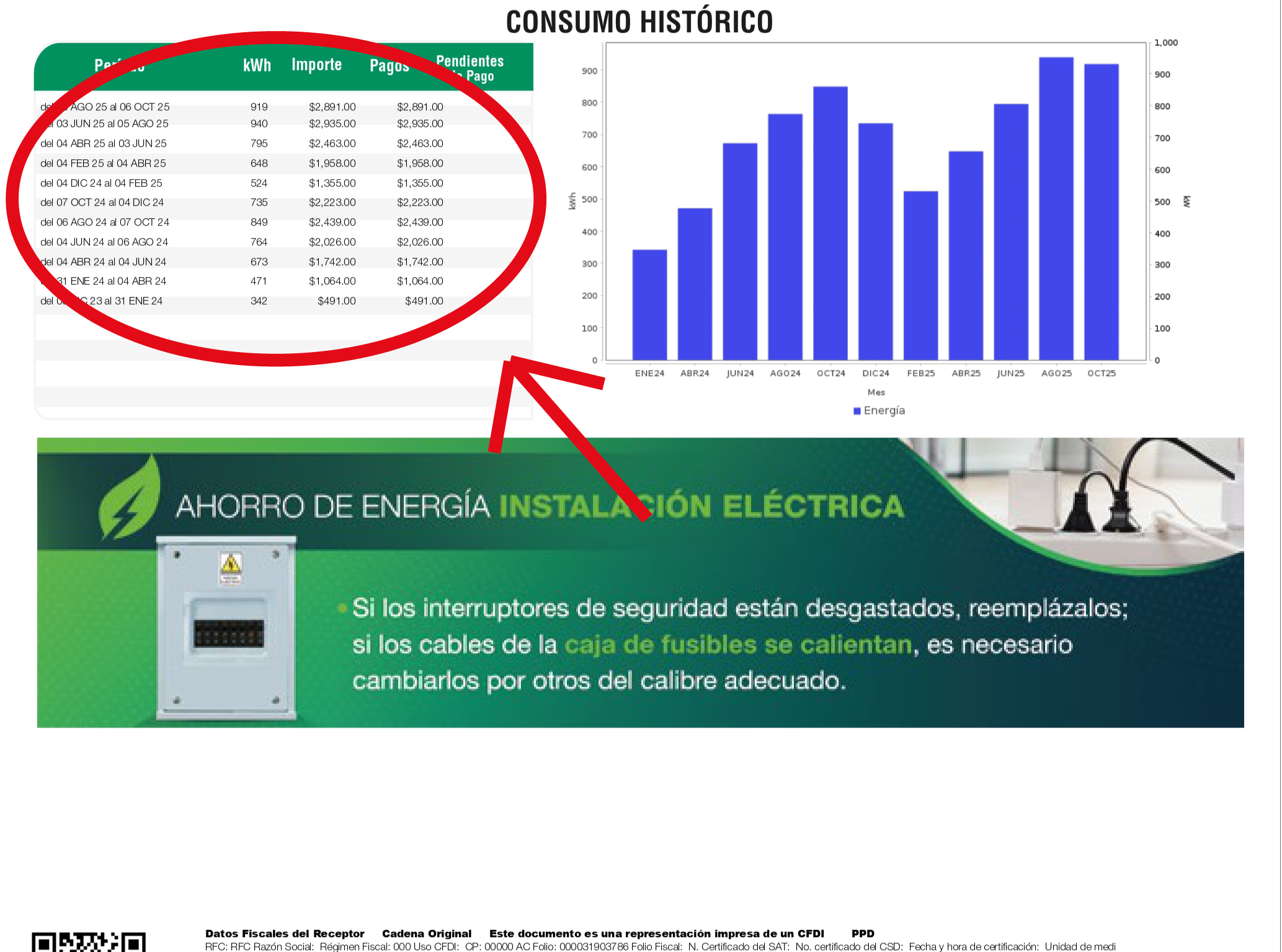 Ejemplo de recibo CFE por el reverso